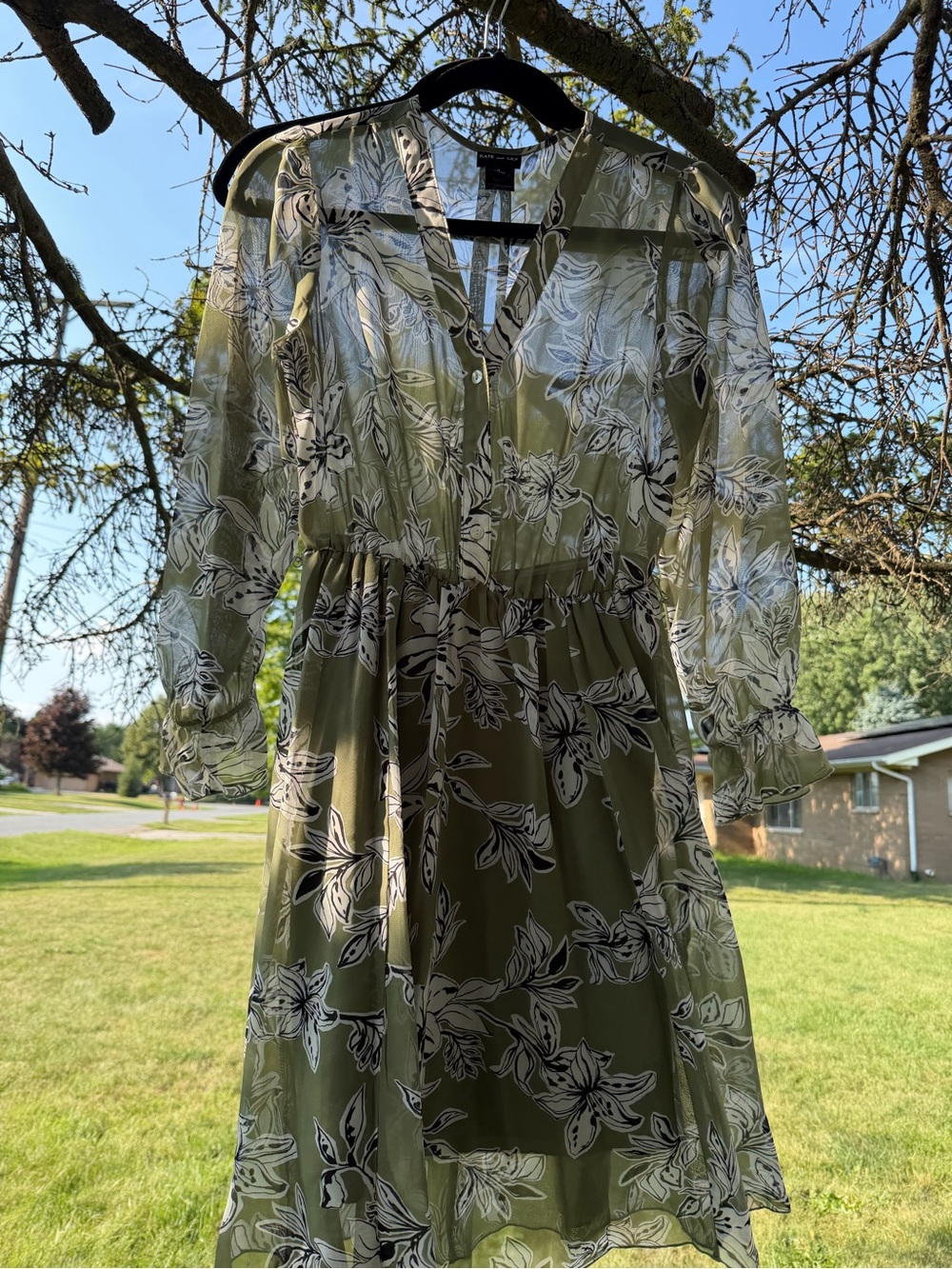Olive Green Floral Midi Dress with Sheer Long Sleeves